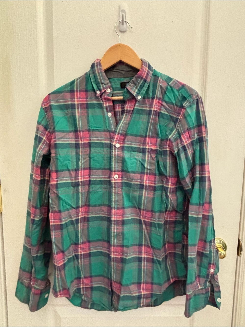 Woman’s J. Crew Green and Pink Plaid Button-Down Shirt